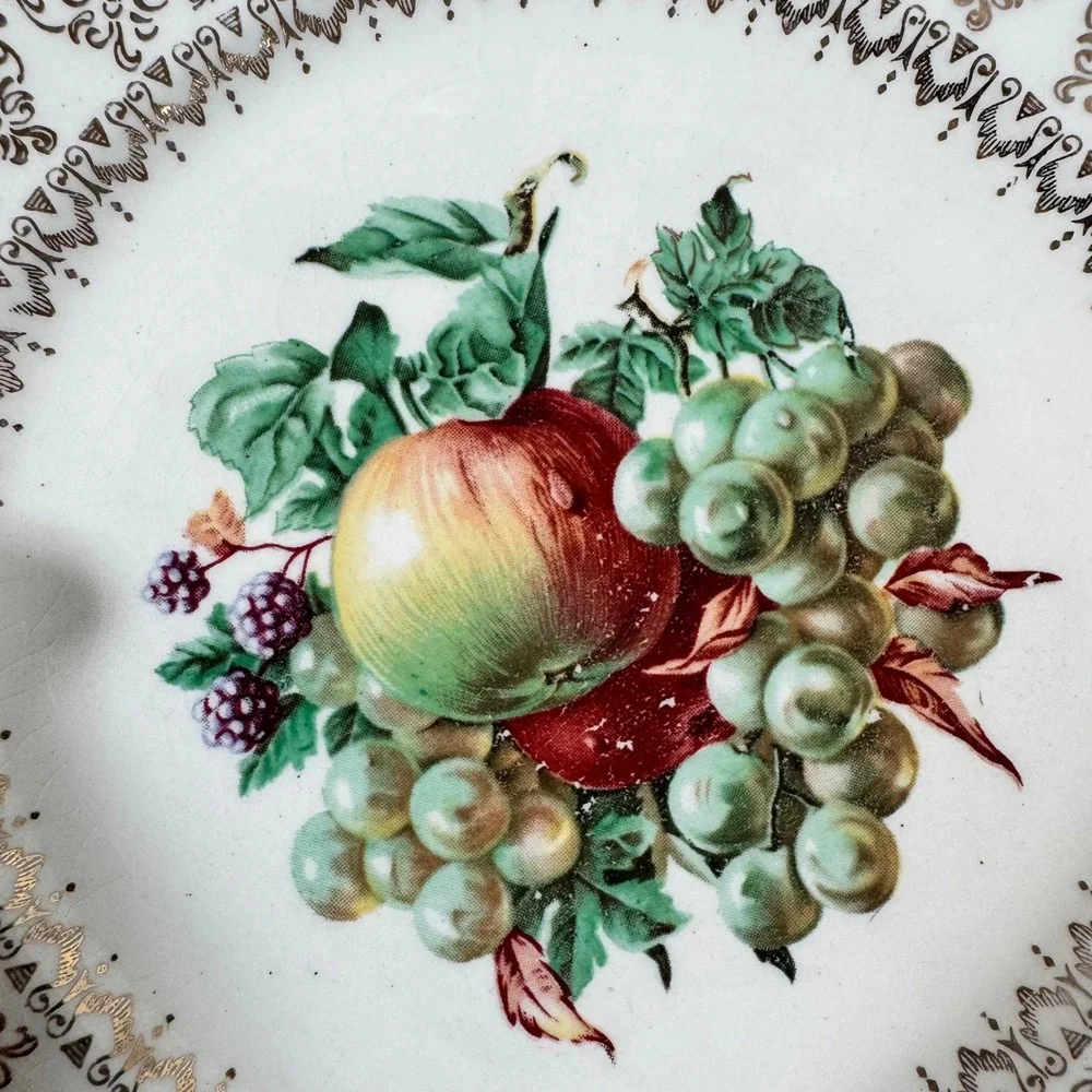 Lot of‎ 6 Salem Ovenproof Salad Plates Fruit Pattern 23K Gold Rims 7.25